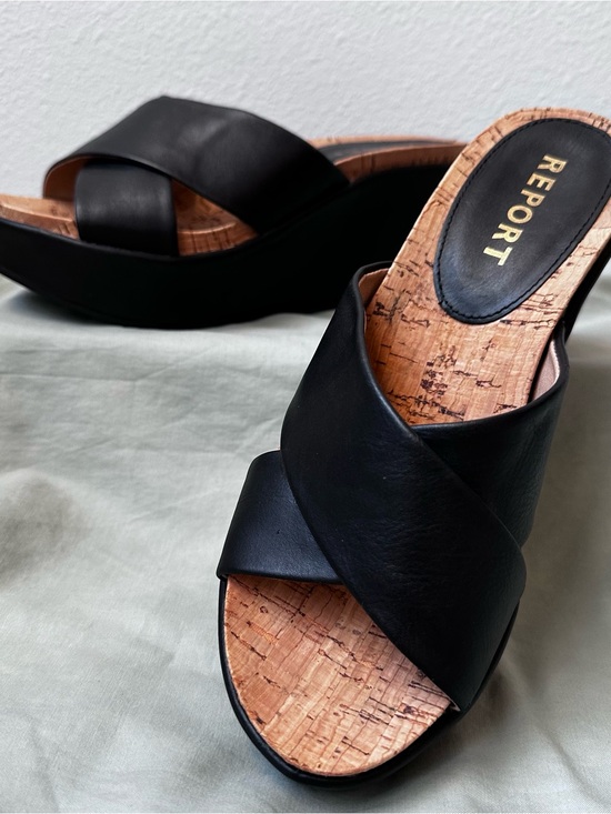 Report Shoes - Black Cork Platform Crossover Slide Mules 6.5